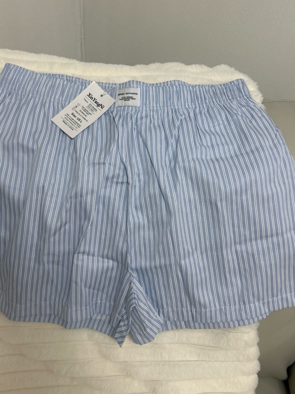 Light Blue Striped Women's Flat Front Shorts